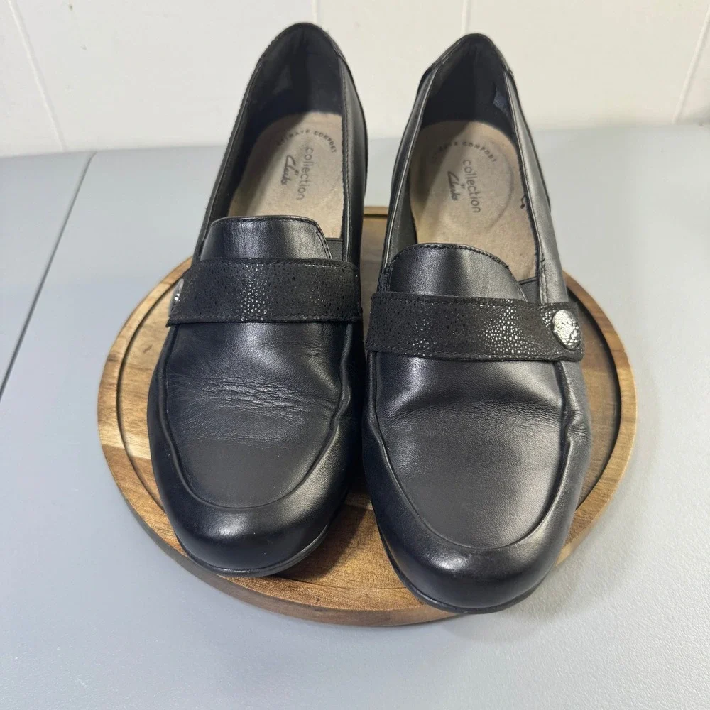 Clarks Collection Women Black Leather Wedge Loafer Shoes Size 7.5